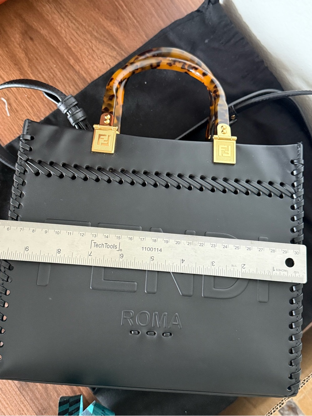 Fendi Black Leather Satchel with Tortoiseshell Handle and Gold Hardware - Picture 14 of 17